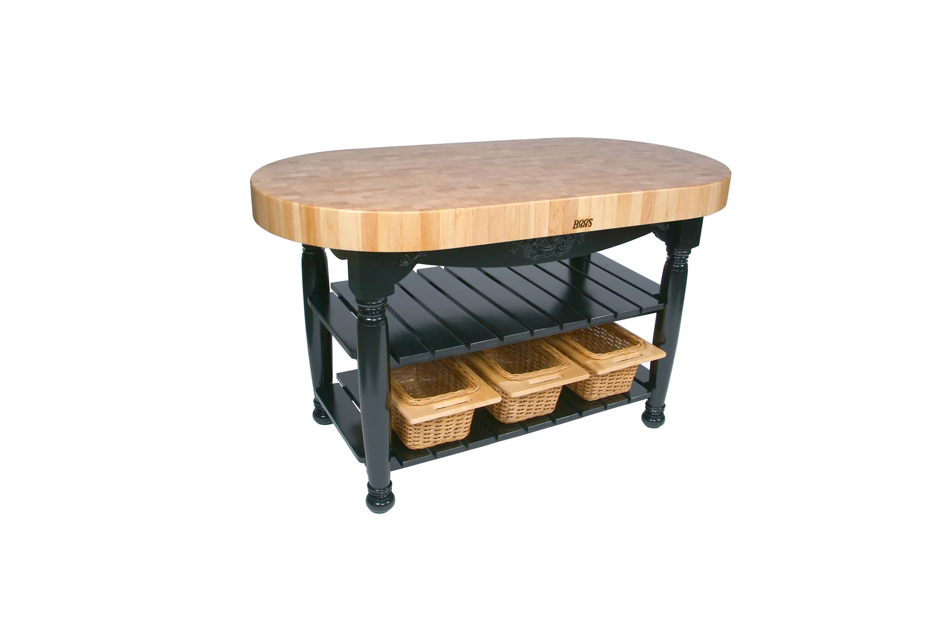 Boos® Maple Harvest Table mit Stirnholzplatte, unterer Ablage und 3 Weidenkörben 1