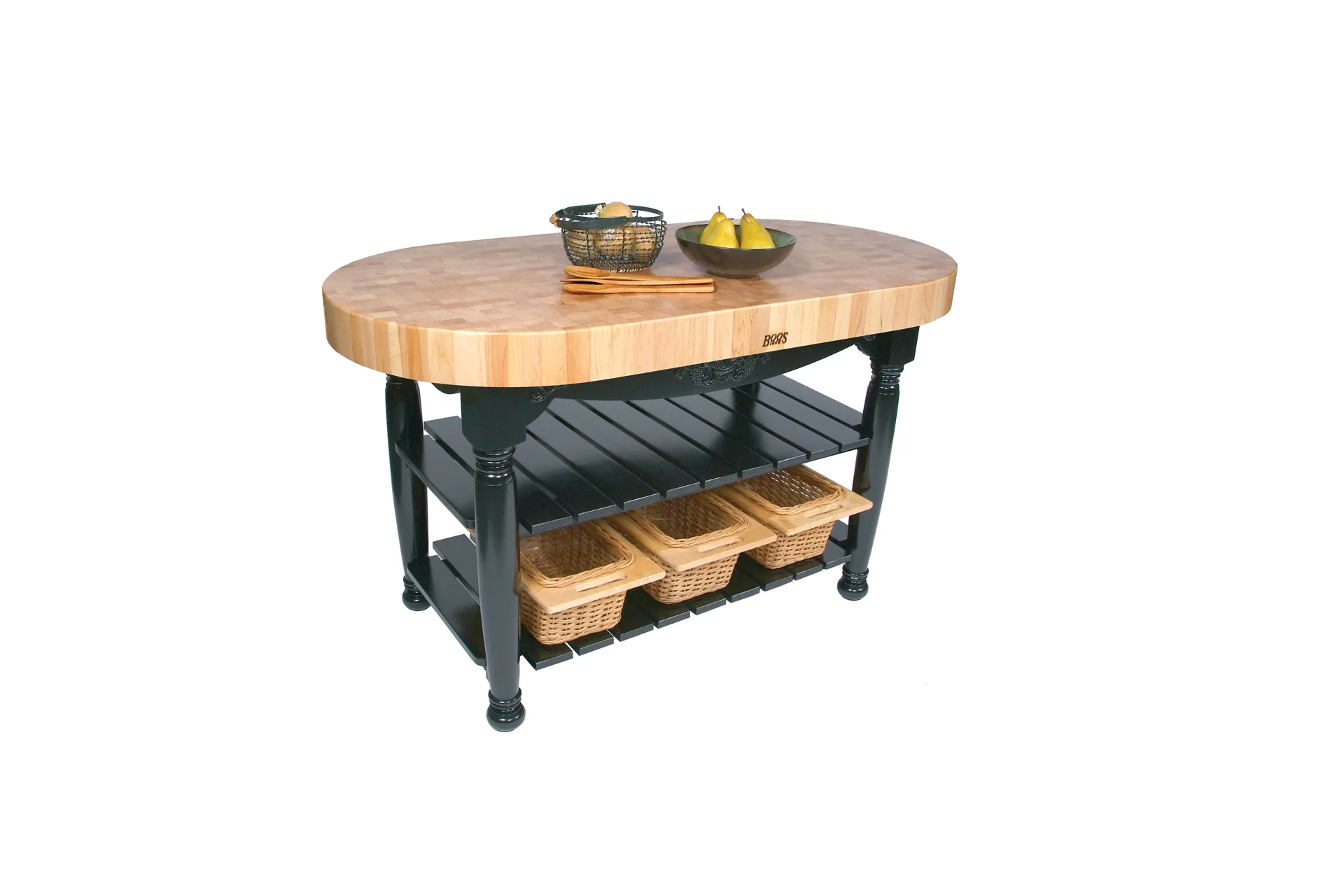 Boos® Maple Harvest Table mit Stirnholzplatte, unterer Ablage und 3 Weidenkörben 3